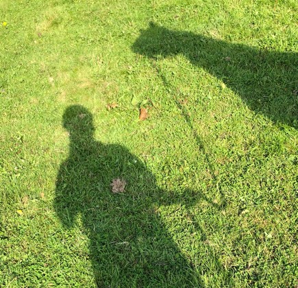 The photo shows the shadow on grass of Phoebe holding a horse by a lead rein.