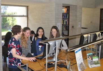 Picture showing the Librarian giving an induction tour to students at the start of Michaelmas term