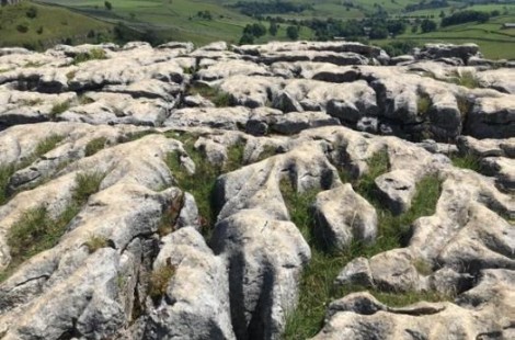 Ice and rain have created large channels in the limestone at Malham. Grass has grown in between the crevices.